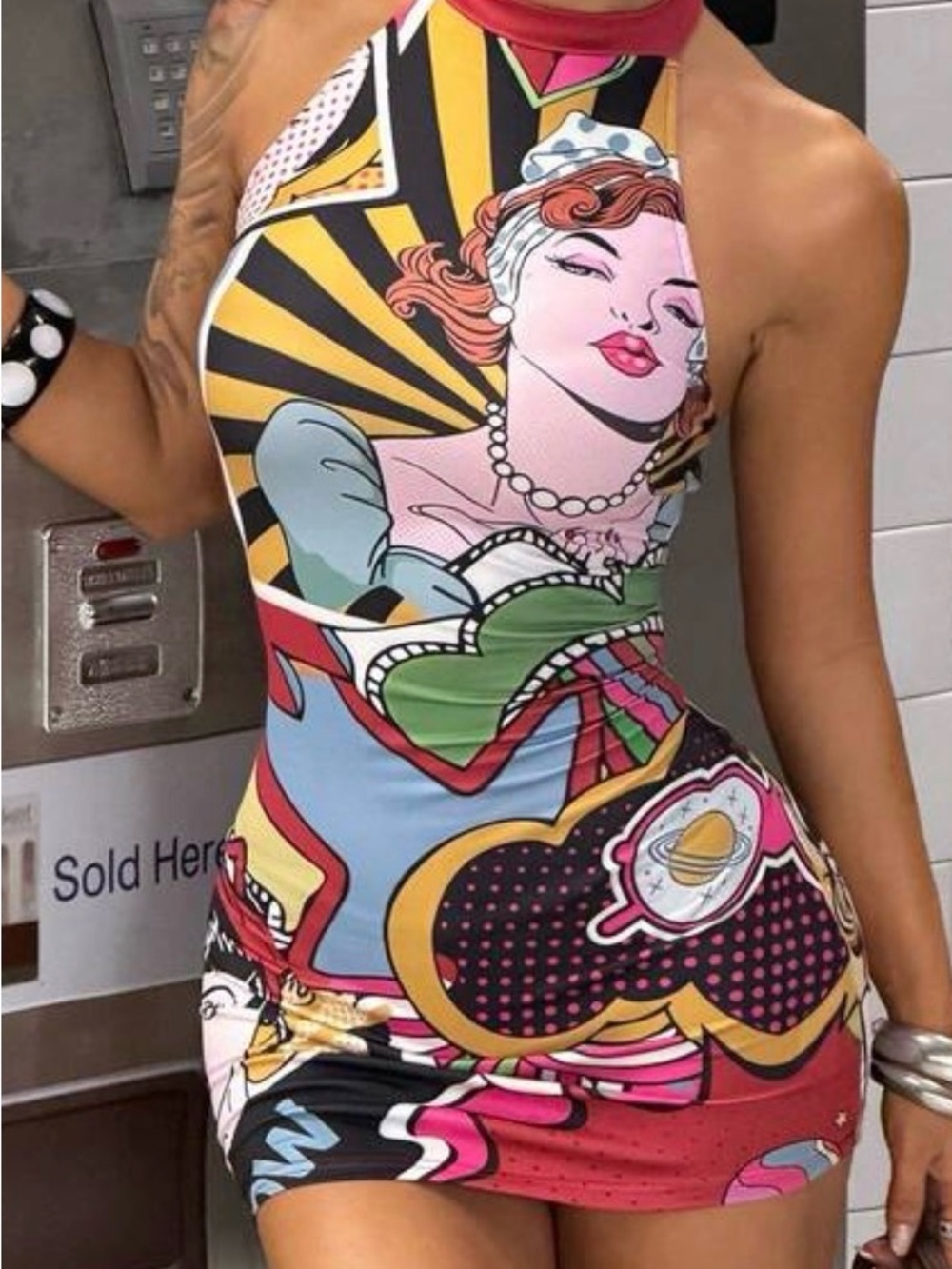 Graphic Pop Art Halter Bodycon Dress - Multicolor